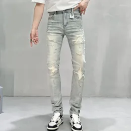 Men's Jeans Casual Denim Ripped HOLE Retro Light Blue Washed Korean Luxury Clothing Slim Spring Autumn Fashion Stretchy Pants