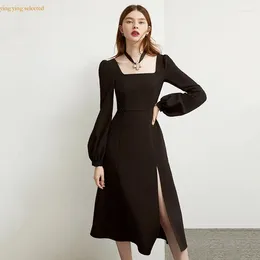 Casual Dresses Y-Y Women's Fashion Dress Square Collar Long Sleeve Split Solid Color Female Elegant Eveninges For Summer Women