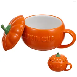 Mugs Pumpkin Cup Creative Breakfast Ceramic Tableware Halloween Cover Orange Coffee Drinking Holder Tea Cups Lid