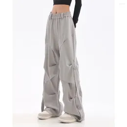 Women's Pants Y2K Casual Women Wide Leg Elastic Waist Autumn Korean Streetwear Oversized High Joggers Grey Womens Pleated Trousers