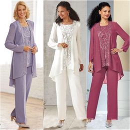 Lavender Beaded Mother Of The Bride Pant Suits Jewel Neck Sequined Formal Wedding Guest Dress With Jackets Plus Size Mothers Groom Outf 185T