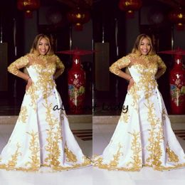 Plus Size Evening Formal Gowns With Long Sleeve 2023 Sheer Neck Gold Shiny Lace Applique Dubai Arabic African Prom Dresses 211y