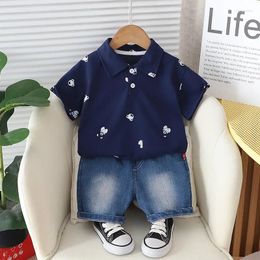 Clothing Sets Toddler Boy Summer Outfit 2024 Korean Style Cartoon Print Turn-down Collar Short Sleeve T-shirts And Shorts Kids Boys