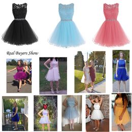 Sweet 16 Short Prom Dresses Lace Appliques with Crystal Beads Puffy Tulle Cocktail Party Dresses Little Black Graduation Homecoming Gow 349s