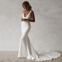 Sexy Mermaid Bride Dresses Boho V-Neck Open Back Elastic Wedding Gown Simple Long Train Buttons Bridal Dress 2021 227h