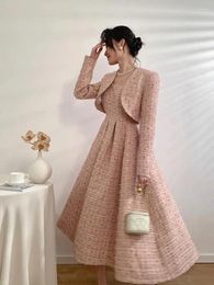 Work Dresses Autumn Winter Pink Elegant Slim Women Dress Sets Vintage Cardigans Short Jackets And Sleeveless A-line Ladies Suits