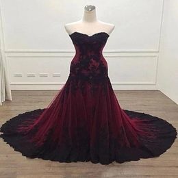 Vintage Black and Burgundy Red Gothic Wedding Dress Mermaid Sweetheart Lace Tulle Non White Victorian Bridal Gowns Bride Dress 331j