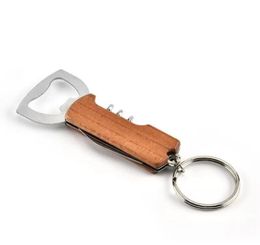 Openers Wooden Handle Bottle Keychain Knife Double Hinged Corkscrew Stainless Steel Key Ring Opening Tools Bar8648324