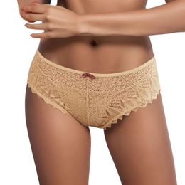 Women's Panties Sexy Lace Underwear Bow Tie Hollow Out Seamless Mid-Waist Briefs Underpant Solid Comfortable Back Cross Strap Lingeries