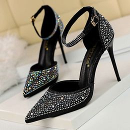 Shiny Rhinestone Stiletto High Heels Pumps Fashion Wedding Women Basic Party Dress Shoes 10cm Pointed Sexy Sandals Femmes