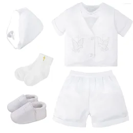 Clothing Sets Baby Boys Baptism Suits Infant White Cartoon Born Short Sleeve Bow Tie Tops Shorts Vest Hat Christening Clothes Costume