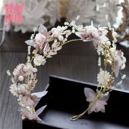 Gorgeous Pink Headpieces Crystals Flowers Wedding Headband Handmade Pearls Bridal Crown Tiara Lady Hairbands Bohemia Bride Hair Accesso 2955