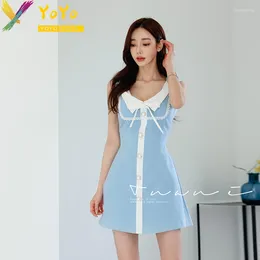 Casual Dresses Formal Blue Bow Sleeveless V-neck Lace Edge Dress 2024 Summer Elegant Korean Slim Bodycon Temperament Chic Office Lady