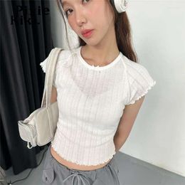 Women's T Shirts PixieKiki White Knitted Crop Top Shirt Bow Frilly Short Sleeve Tees Girls Cute Summer Clothes For Women Y2k P83-AG13