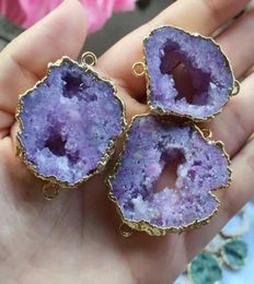 6pcs Gold plated Purple Colour Nature Quartz Druzy Geode connectorDrusy Crystal Gem stone Pendant Beads Jewellery fin93005702381803