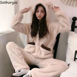 Women's Sleepwear Winter Flannel Pajama Sets Women Sweet Cartoon Hooded Fluffy Soft Thermal Thick Windproof Nightwear Pockets Teens Cute