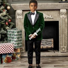 Green Velvet Ring Bearer Attire Boy's Formal Wear Suits For Wedding Clothing Kids Birthday Party Outfits Sets Jacket Pants Bow-tie 256K