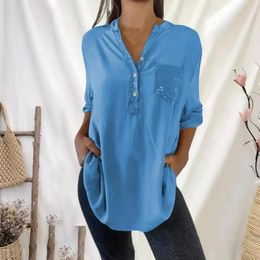 Women's Blouses Women Solid Colour Shirt Stylish V-neck Sequin With Button Detail Patch Pocket Long Sleeve Loose Fit For Mid-length