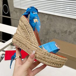 With Box Women High Heels Real Silk Ankle Strap Wedge Sandals Platform Espadrilles Sandal Summer Wedding Dress Shoes 565