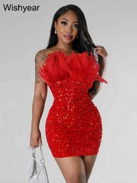 Urban Sexy Dresses year Glitter Bodycon Backless Short Birthday Party Club Outfits for Women Sparkly Red Sequin Mini Dress with Feathers Luxury T240510