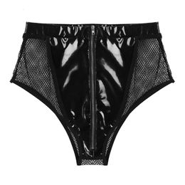 Women Sexy Opening Crotch Leather Shorts For Sex Erotic Perspective Breathable Gauze Zipper Glossy Latex Bag Hip Pants Sexi Catsuit Costumes