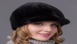 Women Real Mink Fur Riding Hats Winter Warm Cap With Wide Brim Wine Red Black1515536