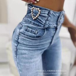 Women's Jeans High Waist Pockets Pearls For Women Streetwear Stretch Blue Ladies Denim Cargo Pants Straight Washed Trousers