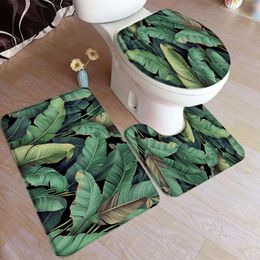 Bath Mats Tropical Leaves Mat Set Green Palm Leaf Plant Home Carpet Door Bathroom Decor Floor Rugs U-shaped Pad Toilet Lid Cover