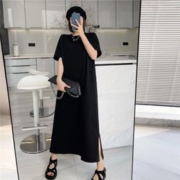 Party Dresses Japanese Style Short Sleeve Open Split Chic Black Summer Dress Office Lady Work Long Fashion Women Casual T Shirts