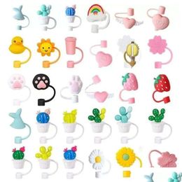 Drinking Straws Er Tips Reusable Creative St Sile Dust Cap Splash Proof Plugs Lids Anti-Dust Tip Suower Cherry Blossom Rainbow Cat Paw Dhnqy