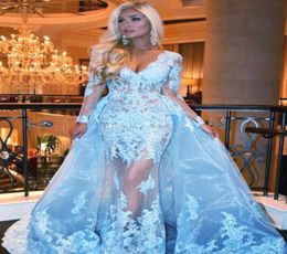 Sexy Illusion Mermaid Prom Dresses Deep V Neck Long Sleeves Appliques Lace Tulle Over Skirt Light Sky Blue Evening cocktail party 4040399