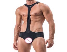 Men039s Body Shapers Mens Sexy Black Mesh Wrestling Breathable Singlet Hole Elastic Bodysuit Male Jockstrap Underwear Erotic Bo5820226