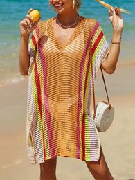 Casual Short Sleeve Beach Dress Crochet Tunic Loose Hollow Knitted Bikini Cover Ups For Women Rainbow Cover-ups Female