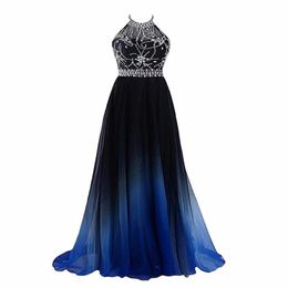 2022 Sexy Halter Gradient Prom Dresses With Long Chiffon Plus Size Ombre Evening Party Gowns Beaded Formal Party Wear Gown Lace-up Back 320D