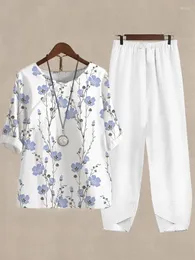 Women's Two Piece Pants Fashion O-neck Short Sleeve Set Women Tops And 2024 Summer Casual White Print 2 Sets For