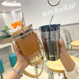 Wine Glasses 450ml Summer Simplicity Water Mug Heat And Wear Resistance Glass Cup With Lid Straw Portable Bottle Outdoor Travel