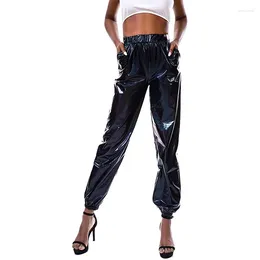 Women's Pants High Waist PU Leather Women Casual Loose Bloomers Pantalons Streetwear Shiny Patent Stretch Trousers Custom 2024