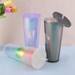 Cups Saucers 710ml Plastic Straw Cup Rhinestone Rivet Double-Walled Travel Mug Large Capacity Bubble Tea For Home & Outdoor