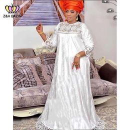 Ethnic Clothing White Bazin Riche Swiss Voile Lace Long Dresses For African Nigeria Women Party Ribbon With Guipure Scarf Basin Riche Dashiki T240510