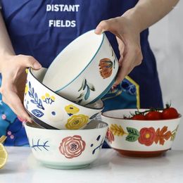 Bowls Hand-painted Flower Bowl Round Ceramic Underglaze Pasta Breakfast Fruit Vegetable Salad Deep Plate Tableware