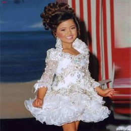 Glitz Pageant Dresses For Girls Little Girl Gowns 3 4 Sleeve Beads Crystal Rhinestone Ruffles cupcake pageant dress 290n