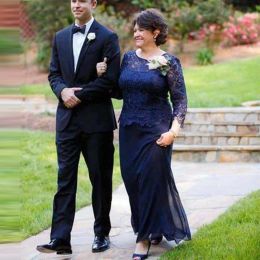Elegant Navy Blue Mother Of The Bride Dresses Plus Size A-line Full Sleeves Chiffon Lace Long Groom Mother Formal Dress Wedding Guest Gowns