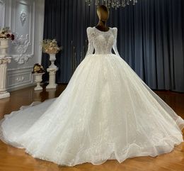 2024 Saudi Arabic Puffy Wedding Dresses Scoop Long Sleeves Pearls Beads Sequins Tulle Puffy Bridal Gowns Lace Up Vestido De Noiva Casamento