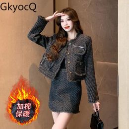 Work Dresses GkyocQ 2024 Fall And Winter Two Piece Sets Elegant O Neck Long-sleeve Jacket High Waist Short Skirt Tweed Suit Female Clothes