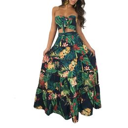 Causal Bikini Crop Top Long Dress Sexy Set for Women Summer Fashion Two Piece Skirt Beach Style Floral Print Midi Sexy Boho Sets 240423