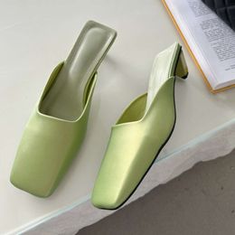 Satin Mule Slippers for Summer 2024 Brand Low Heel Sandal Women Elegant Comfy Stylish Square Head Flip-flops Ladies