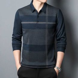 Men's Polos 2023 Autumn New Mens Long sleeved T-shirt Loose casual mens striped polo shirt Bottom mens shirtL2405