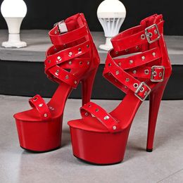 Dance Heels Shoes Rivet Platform Sandals Women 16.5CM Ankle Strap Rome Sandal Female Sexy Pole Dancer Thin High Heel