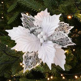 Decorative Flowers 24cm Glitter Artifical Christmas Poinsettia Xmas Tree Ornament Merry Decoration Home Year 2024 Decor