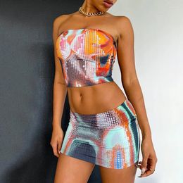 Work Dresses Women Fashion Sexy Strapless 3D Body Print Tube Tops Mini Skirt Party Club Two-Piece Suits Aesthetic Streetwear 2024 Summer